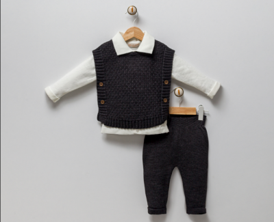 Wholesale Baby Boys 3-Piece Knit Sweater Pants and Long Sleeve T-shirt 3-9M Milarda 2001-6071 Темно-серый 