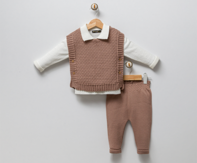 Wholesale Baby Boys 3-Piece Knit Sweater Pants and Long Sleeve T-shirt 3-9M Milarda 2001-6071 Бежевый 