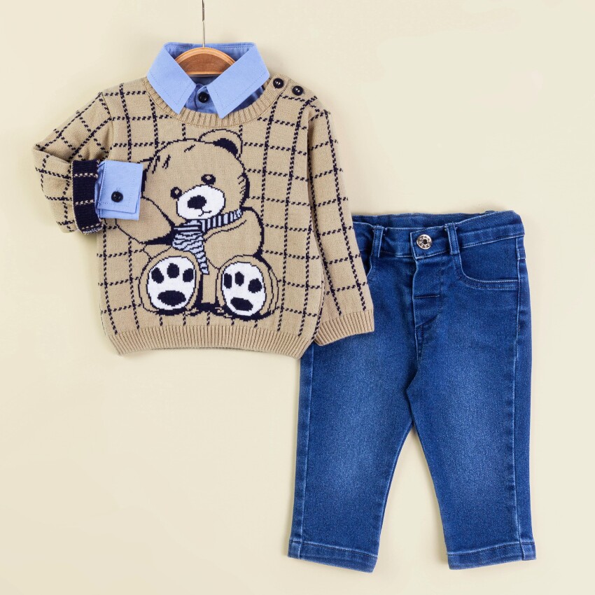 Wholesale Baby Boys 3-Piece Sweater Shirt and Denim Pants Set 6-18M Babymuz 2009-5150 - 2