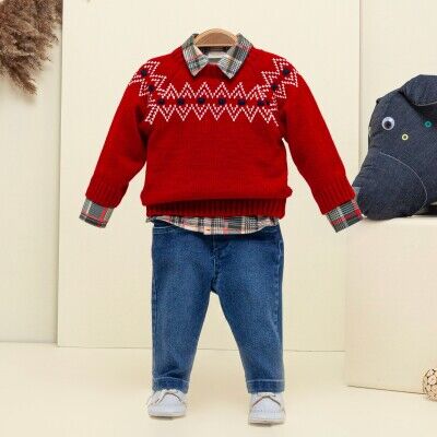 Wholesale Baby Boys 3-Piece Sweater Shirt and Denim Pants Set 9-24M Babymuz 2009-5157 - Babymuz (1)