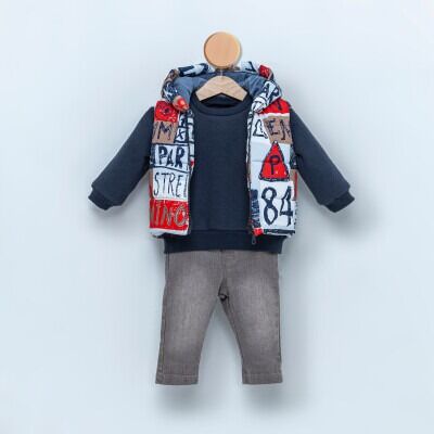 Wholesale Baby Boys 3-Piece Vest Sweatshirt and Denim Pants 9-24M Cumino 1014-CMN3375 - Cumino (1)