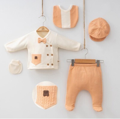 Wholesale Baby Boys 5-Piece Newborn Body Pants Hat Bib Glove Set 0-3M Minizeyn 2014-7055 Светло-оранжевый 