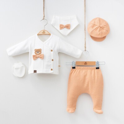Wholesale Baby Boys 5-Piece Newborn Set with Body Pants Hat Bib and Glove 0-3M Minizeyn 2014-7053 Светло-оранжевый 