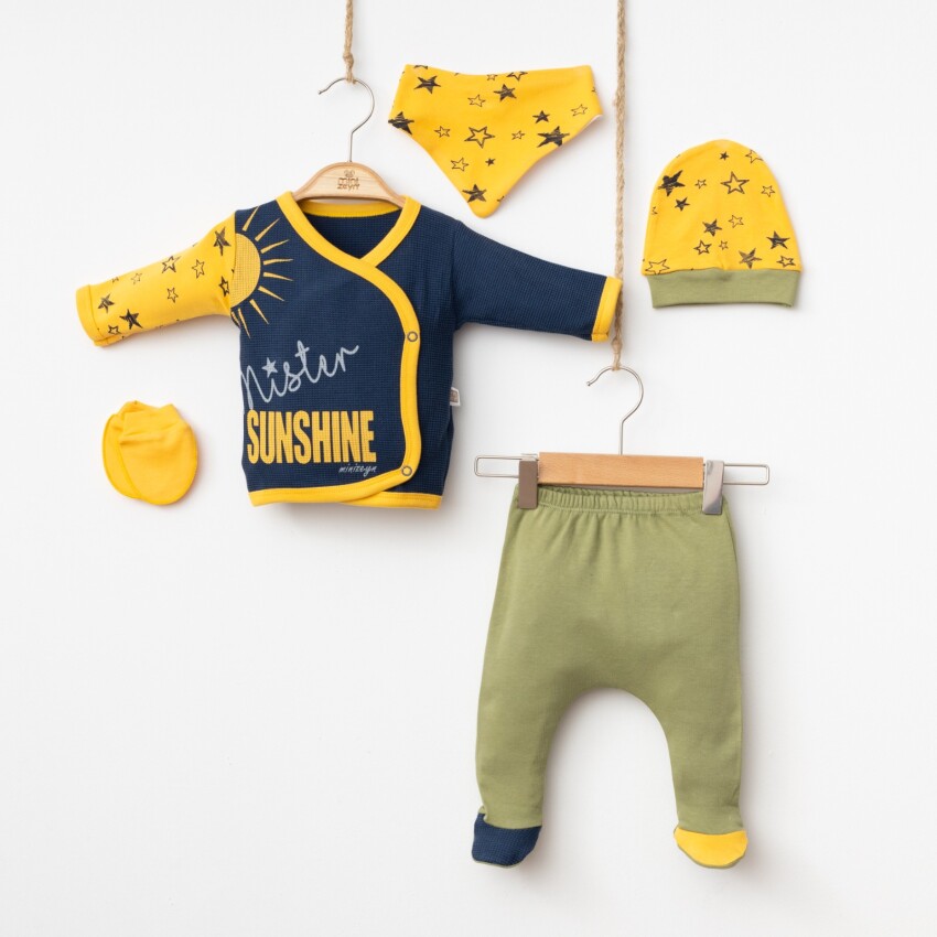 Wholesale Baby Boys Newborn 5-Piece Body Pants Bib Headband and Gloves Set 0-3M Minizeyn 2014-5550 - 2