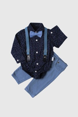 Wholesale Baby Boys Suit Set with Shirt Pants and Suspender 6-24M Kidexs 1026-35038 Темно-синий