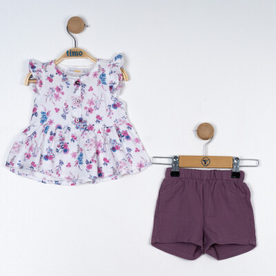 Wholesale Baby Girl 2 Pcs Floral Pattern Blouse and Muslin Shorts 6-24M Timo 1018-TK5DT012243851 Бирюзовый