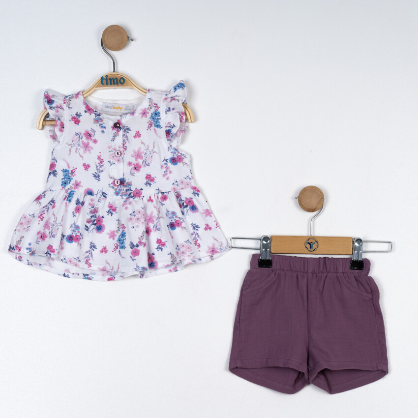 Wholesale Baby Girl 2 Pcs Floral Pattern Blouse and Muslin Shorts 6-24M Timo 1018-TK5DT012243851 - 1