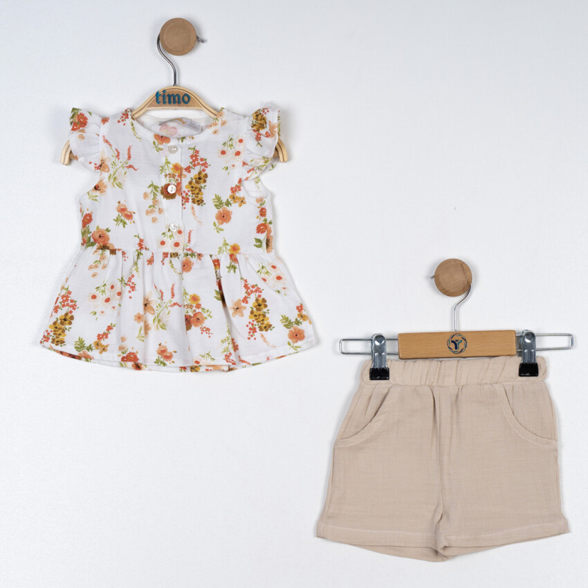 Wholesale Baby Girl 2 Pcs Floral Pattern Blouse and Muslin Shorts 6-24M Timo 1018-TK5DT012243851 - 2