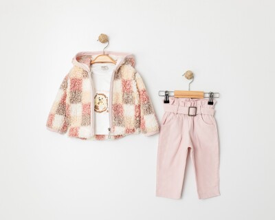 Wholesale Baby Girl 3-Piece Lamb Printed Body Jacket and Pants Set Eray Kids 1044-6324 Пудра