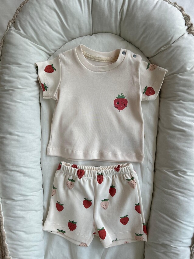 Wholesale Baby Girl Summer Strawberry Print 2-Piece 100% Cotton Set Bubbles 2040-093 - 1