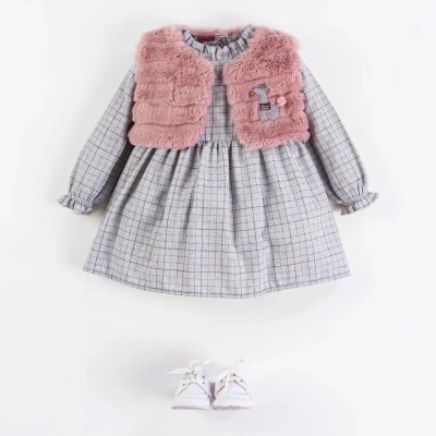 Wholesale Baby Girls 2-Piece Fur Vest and Dress Set 6-18M Minibombili 1005-6509 Пудра
