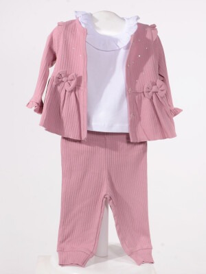 Wholesale Baby Girls 3-Piece Cardigan Blouse and Pants Set 3-12M Serkon Baby&Kids 1084-M1889 Пудра