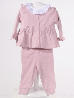 Wholesale Baby Girls 3-Piece Cardigan Blouse and Pants Set 3-12M Serkon Baby&Kids 1084-M1889 Пыльная роза