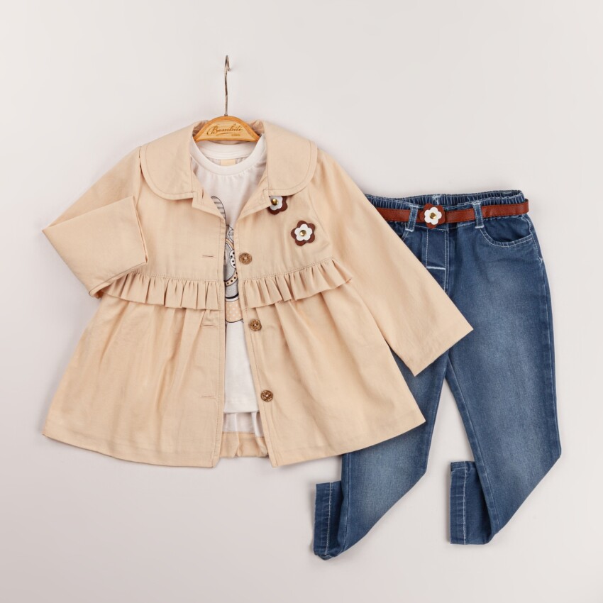 Wholesale Baby Girls 3-Piece Coat, Badi and Denim Pants Set 9-24M Minibombili 1005-6585 - 2