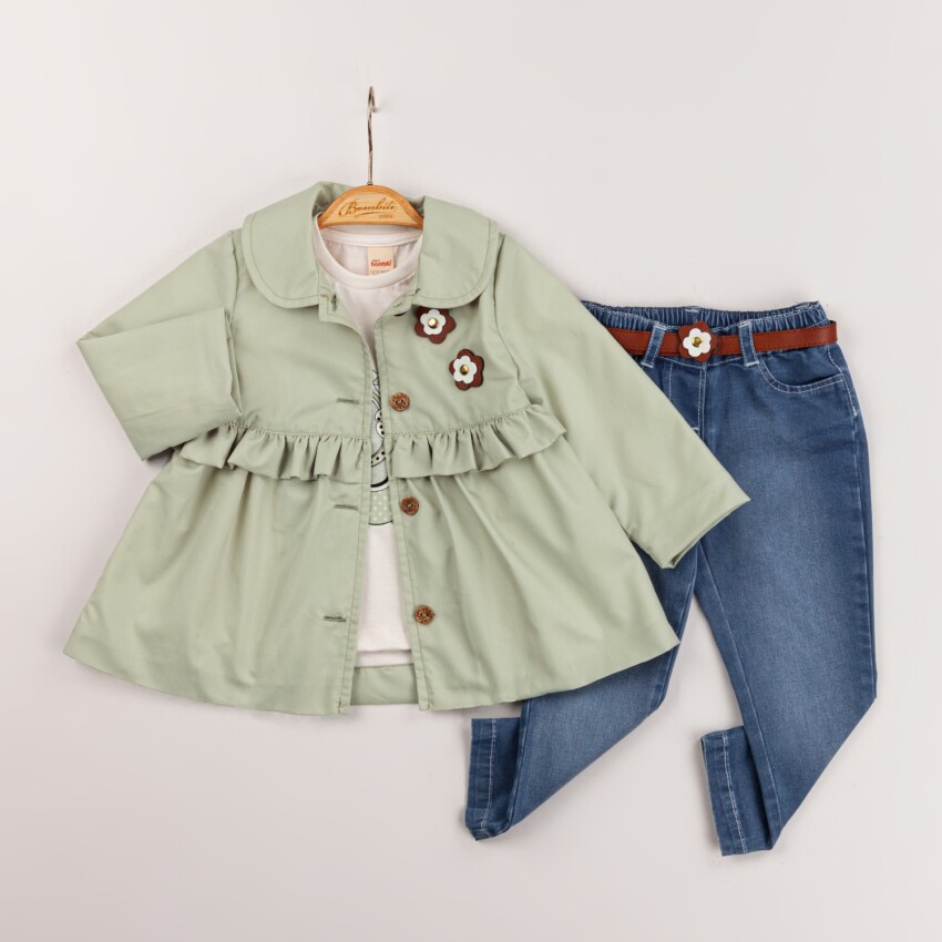 Wholesale Baby Girls 3-Piece Coat, Badi and Denim Pants Set 9-24M Minibombili 1005-6585 - 3