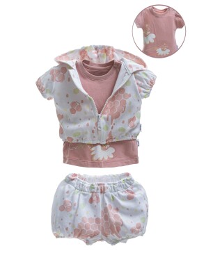Wholesale Baby Girls 3-Piece Jacket T-shirt and Short Set 3-12M Wogi 1030-WG-2301A Розовый 