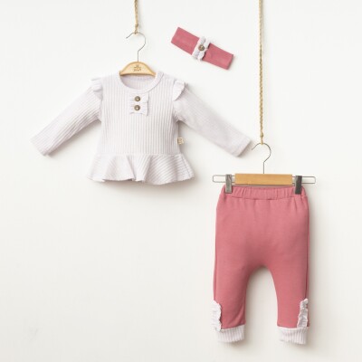 Wholesale Baby Girls 3-Piece Long Sleeve T-Shirt Pants and Headband Set 0-12M Minizeyn 2014-7024 Пыльная роза