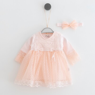 Wholesale Baby Girls Dress and Headband Set 0-12M Miniborn 2019-2201 Лососевый цвет