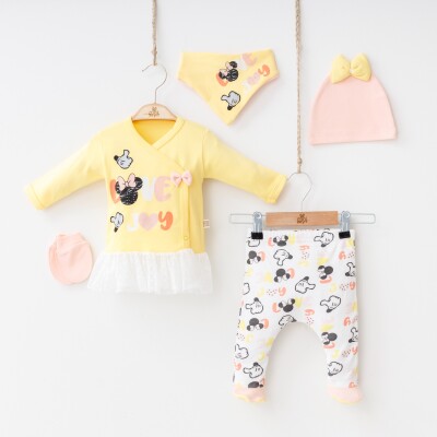 Wholesale Baby Girls Newborn 5-Piece Body Pants Bib Hat and Gloves Set 0-3M Minizeyn 2014-5589 Жёлтый 