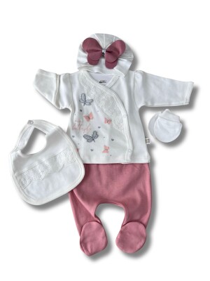 Wholesale Baby Girls Newborn 5-Piece Body Pants Bib Hat and Gloves Set 0-3M Minizeyn 2014-7016 Пыльная роза
