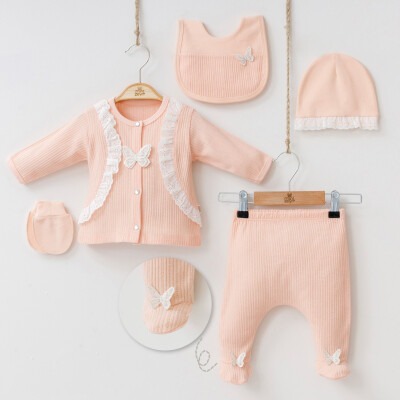 Wholesale Baby Girls Newborn 5-Piece Body Pants Bib Hat and Gloves Set 0-3M Minizeyn 2014-7044 Лососевый цвет