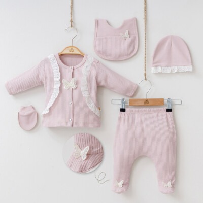 Wholesale Baby Girls Newborn 5-Piece Body Pants Bib Hat and Gloves Set 0-3M Minizeyn 2014-7044 Пыльная роза