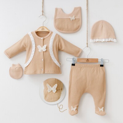 Wholesale Baby Girls Newborn 5-Piece Body Pants Bib Hat and Gloves Set 0-3M Minizeyn 2014-7044 Норковый