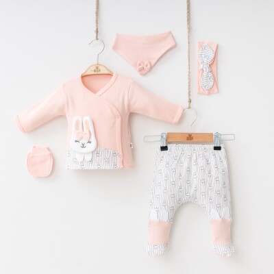 Wholesale Baby Girls Newborn 5-Piece Body Pants Bib Headband and Gloves Set 0-3M Minizeyn 2014-7010 Лососевый цвет