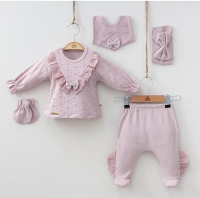 Wholesale Baby Girls Newborn 5-Piece Body Pants Bib Headband and Gloves Set 0-3M Minizeyn 2014-7052 Лиловый 