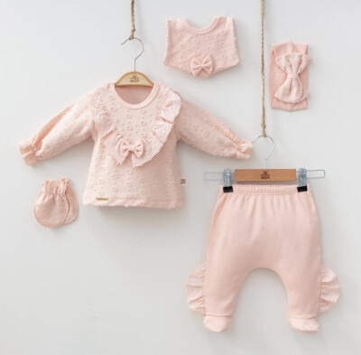 Wholesale Baby Girls Newborn 5-Piece Body Pants Bib Headband and Gloves Set 0-3M Minizeyn 2014-7052 Лососевый цвет