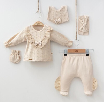 Wholesale Baby Girls Newborn 5-Piece Body Pants Bib Headband and Gloves Set 0-3M Minizeyn 2014-7052 Норковый