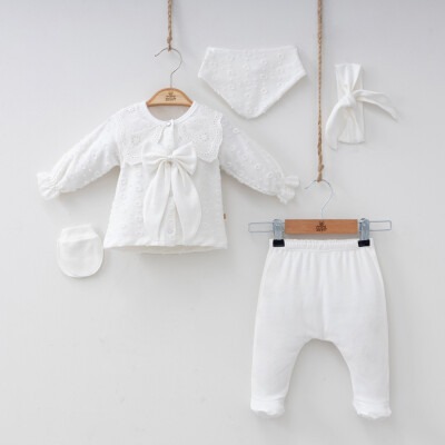Wholesale Baby Girls Newborn 5-Piece Body Pants Bib Headband Glove Set 0-3M Minizeyn 2014-7049 Экрю