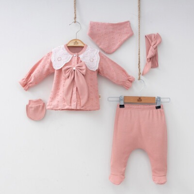 Wholesale Baby Girls Newborn 5-Piece Body Pants Bib Headband Glove Set 0-3M Minizeyn 2014-7049 Пыльная роза