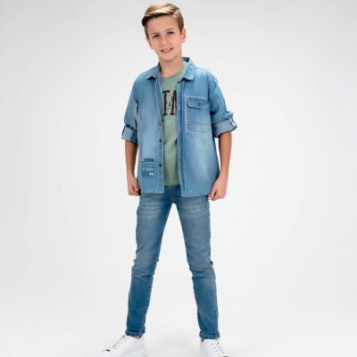 Wholesale Boy 3 Pieces Jeans Shirt Trousers T-shirt Set Suit 9-12Y Cool Exclusive 2036-10100 - 1