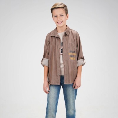 Wholesale Boy 3 Pieces Shirt Trousres T-shirt Set Suit 9-12Y Cool Exclusive 2036-10102 Кофейный цвет