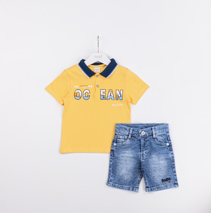 Wholesale Boys 2-Piece Polo Neck T-Shirt and Denim Short Set 2-5Y Sani 1068-2319 - 2