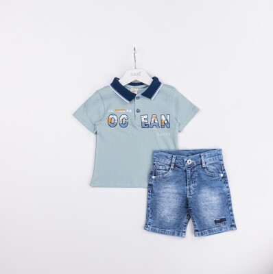 Wholesale Boys 2-Piece Polo Neck T-Shirt and Denim Short Set 2-5Y Sani 1068-2319 Мятно-зеленый