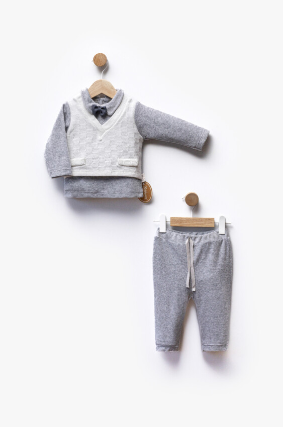 Wholesale Boys' 3-Piece Cardigan Shirt and trousers Set 3-12M Bebbemini 2065-BM-2319 - 3