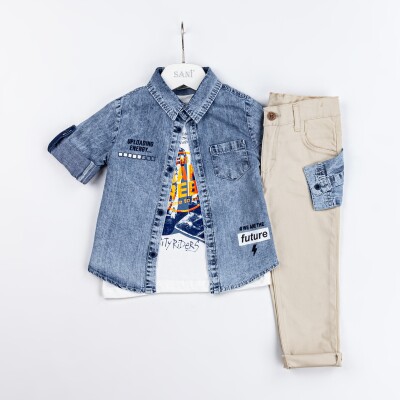 Wholesale Boys 3-Piece Denim Shirt T-Shirt and Pants Set 2-5Y Sani 1068-2307 Бежевый 