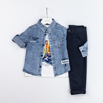 Wholesale Boys 3-Piece Denim Shirt T-Shirt and Pants Set 2-5Y Sani 1068-2307 - 2
