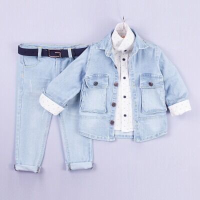 Wholesale Boys 3-Piece Jacket Shirt and Denim Pants Set 2-5Y Gold Class 1010-2208 Льдисто-голубая