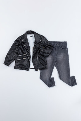 Wholesale Boys 3-Piece Leather Jacket, Body and Denim Pants Set 2-5Y Gold Class 1010-2525 Чёрный 