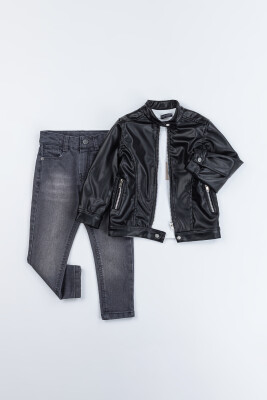 Wholesale Boys 3-Piece Leather Jacket, Body and Denim Pants Set 2-5Y Gold Class 1010-2533 Чёрный 