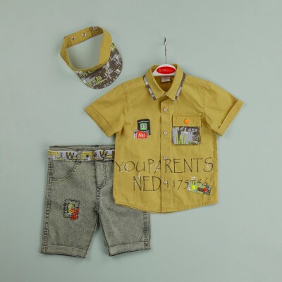 Wholesale Boys 3-Piece Shirt, Denim Shorts and Hat Set 1-4Y Bombili 1004-6475 Горчичный