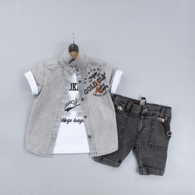 Wholesale Boys 3-Piece Shirt Set With T-Shirt And Denim Shorts 2-5Y Gold Class 1010-2307 - Gold Class (1)