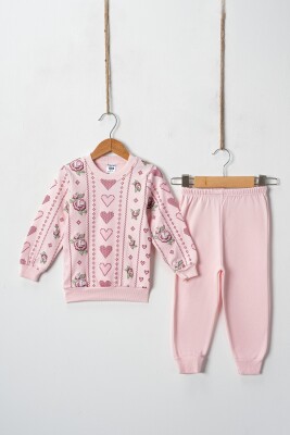 Wholesale Cross Stitch Hearts Embossed Printed 2 Piece Girl Set 2-4Y Hoppidik 2017-2402 Розовый 