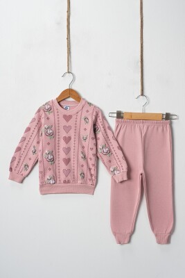 Wholesale Cross Stitch Hearts Embossed Printed 2 Piece Girl Set 2-4Y Hoppidik 2017-2402 Пыльная роза