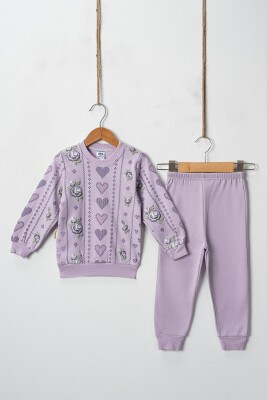 Wholesale Cross Stitch Hearts Embossed Printed 2 Piece Girl Set 2-4Y Hoppidik 2017-2402 Темно-лиловый 