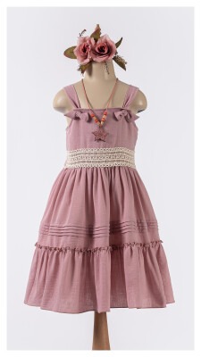 Wholesale Girl Dress with Necklace 6-12Y Tivido 1042-2488 Пудра