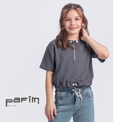 Wholesale Girl Zippered Short Sleeve Cotton Sweater 7-10Y Pafim 2041-2025Y1067 - Pafim